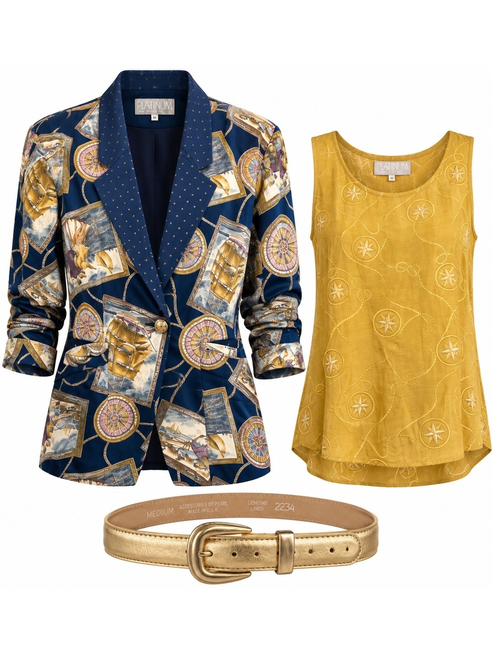Vintage Platinum Nautical Print Blazer, Belt & Mustard Gold Tank Top